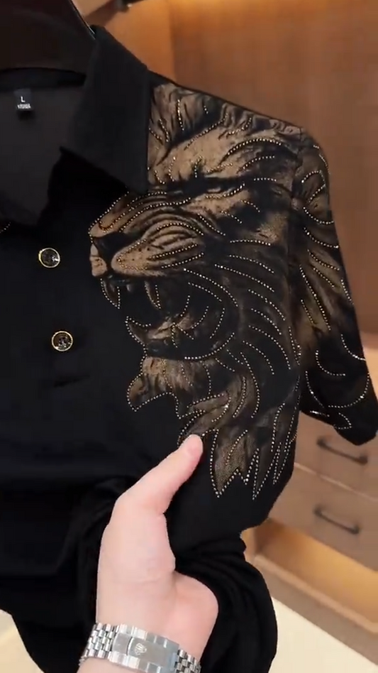 Men's Gold Lion Rhinestone Polo Shirt