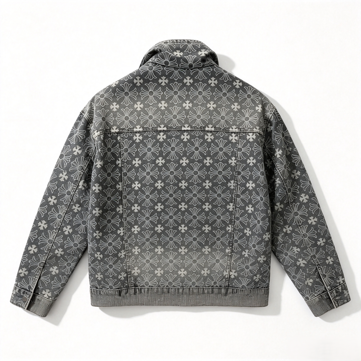 Men's Gothic Cross Floral Print Denim Jacket