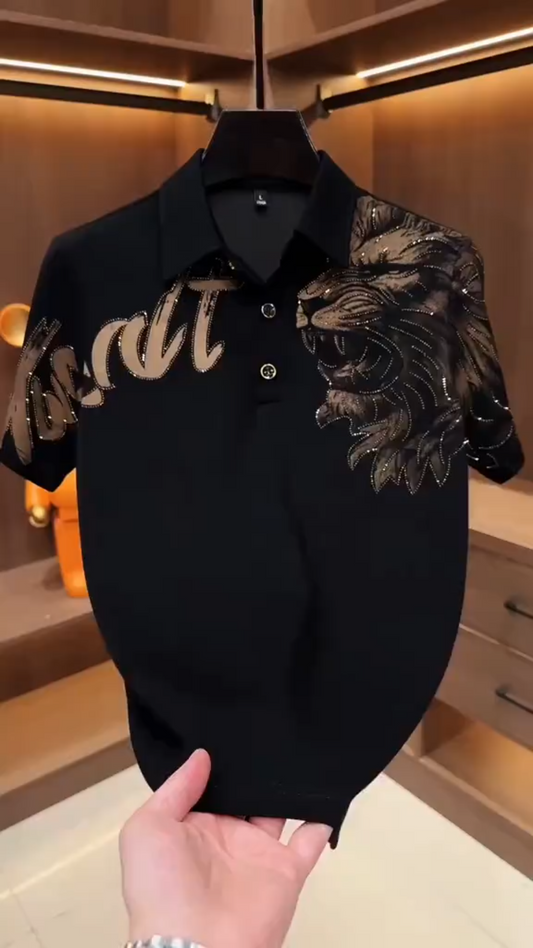 Men's Gold Lion Rhinestone Polo Shirt