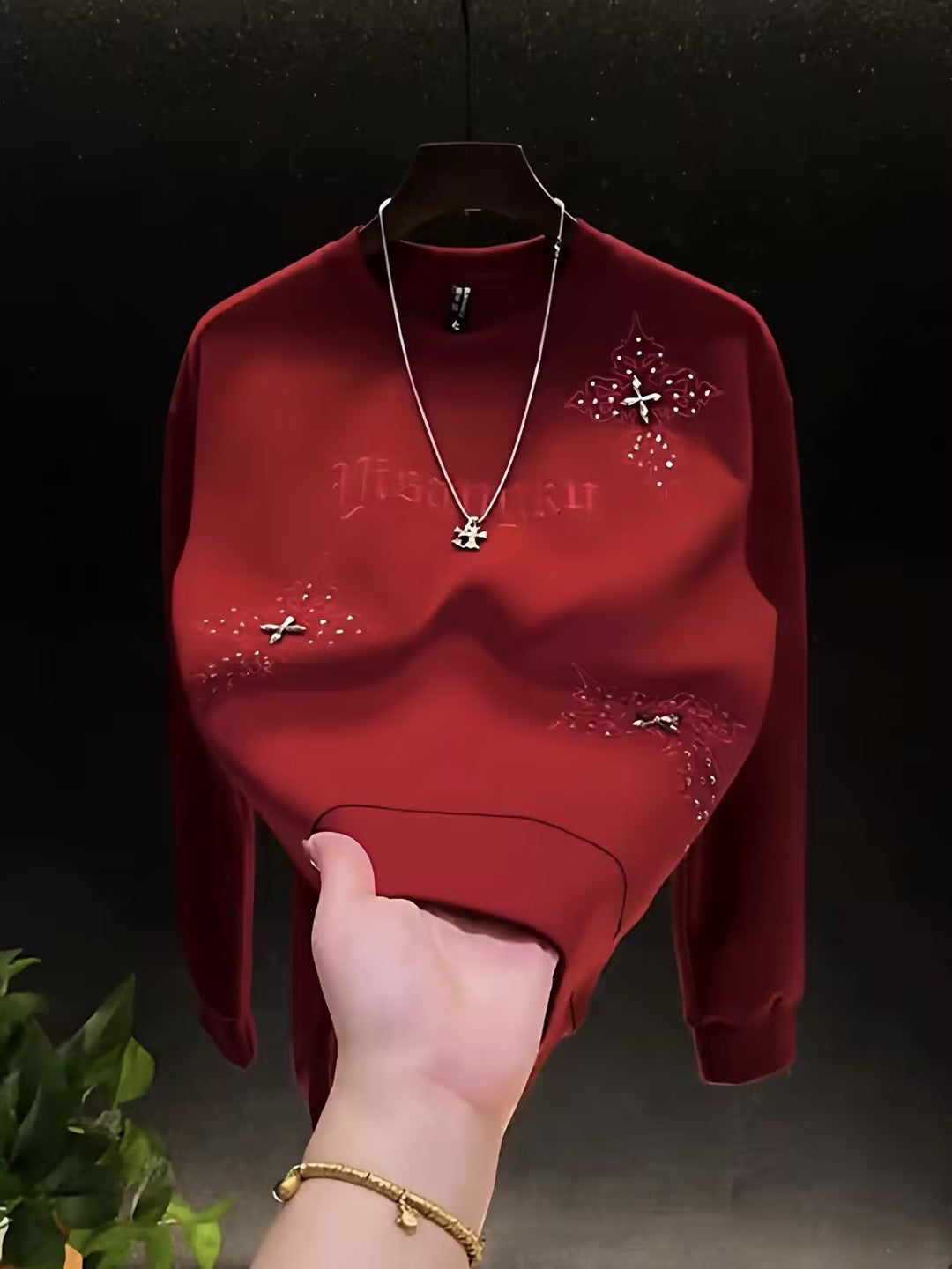 Rhinestone-embroidered Long-sleeve Sweatshirt