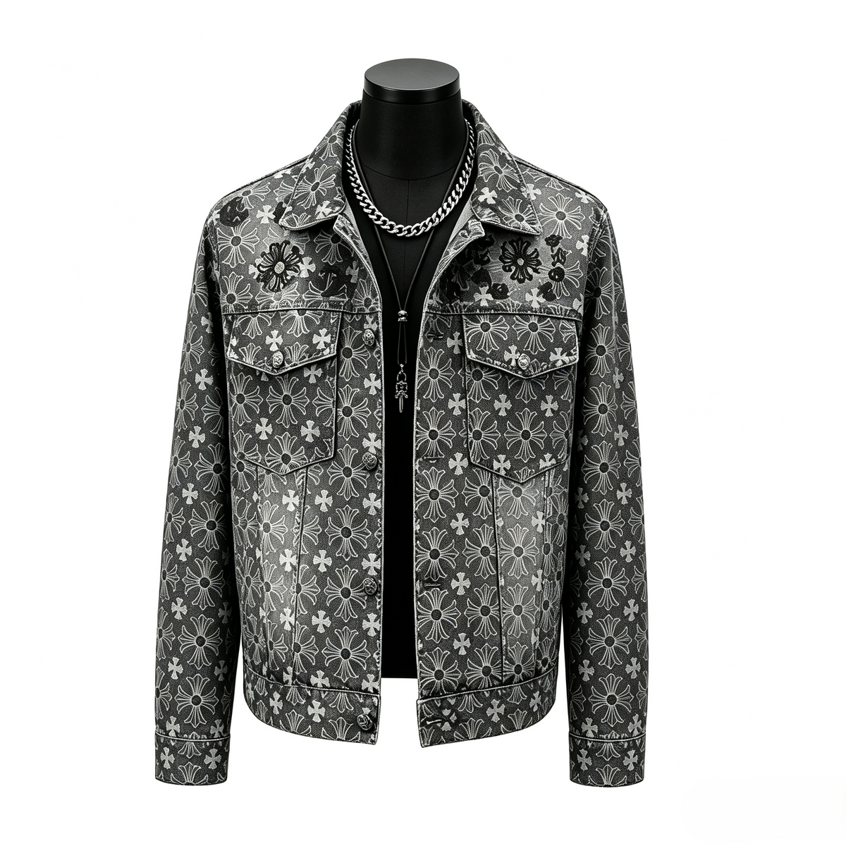 Men's Gothic Cross Floral Print Denim Jacket