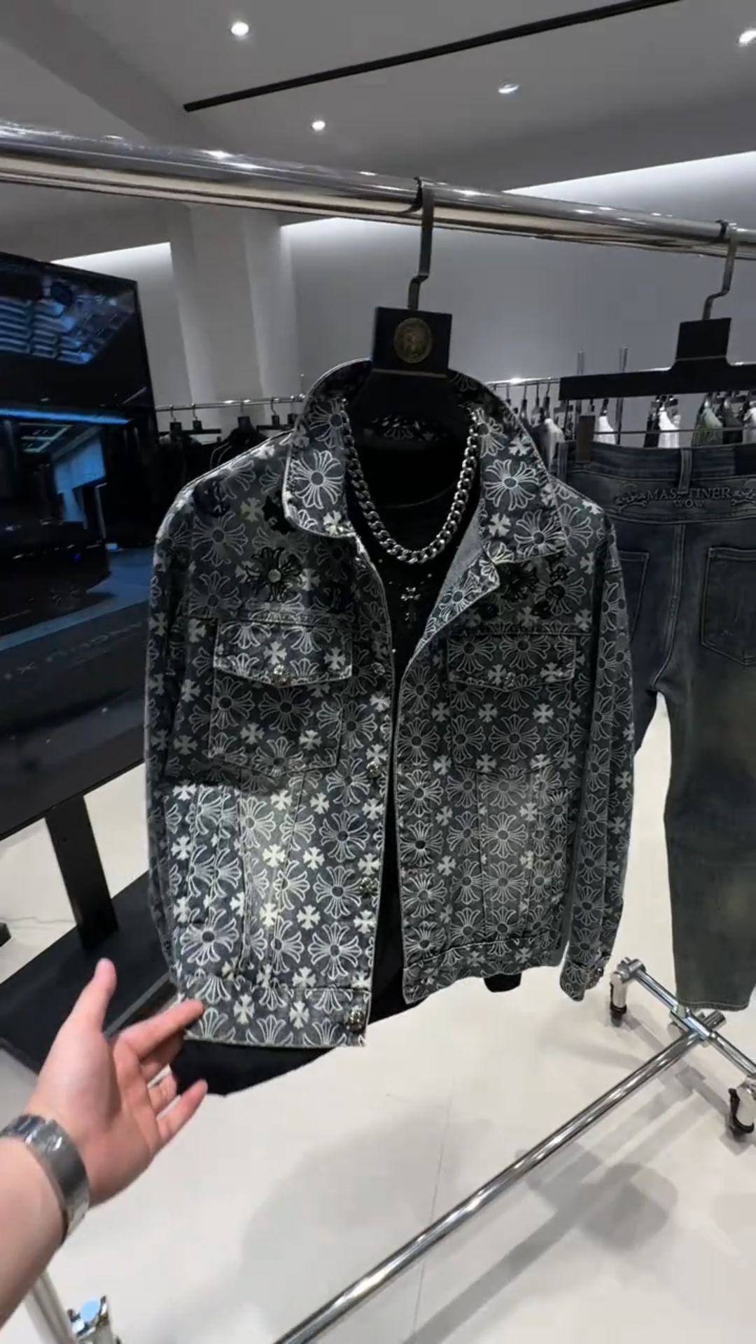 Men's Gothic Cross Floral Print Denim Jacket