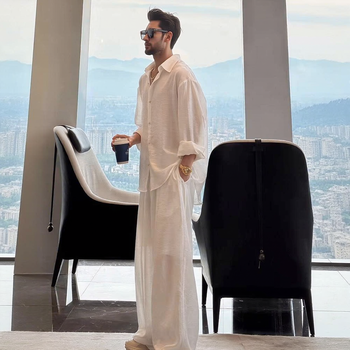 Cotton and Linen Long-Sleeved Shirt and Wide-Leg Pants Set