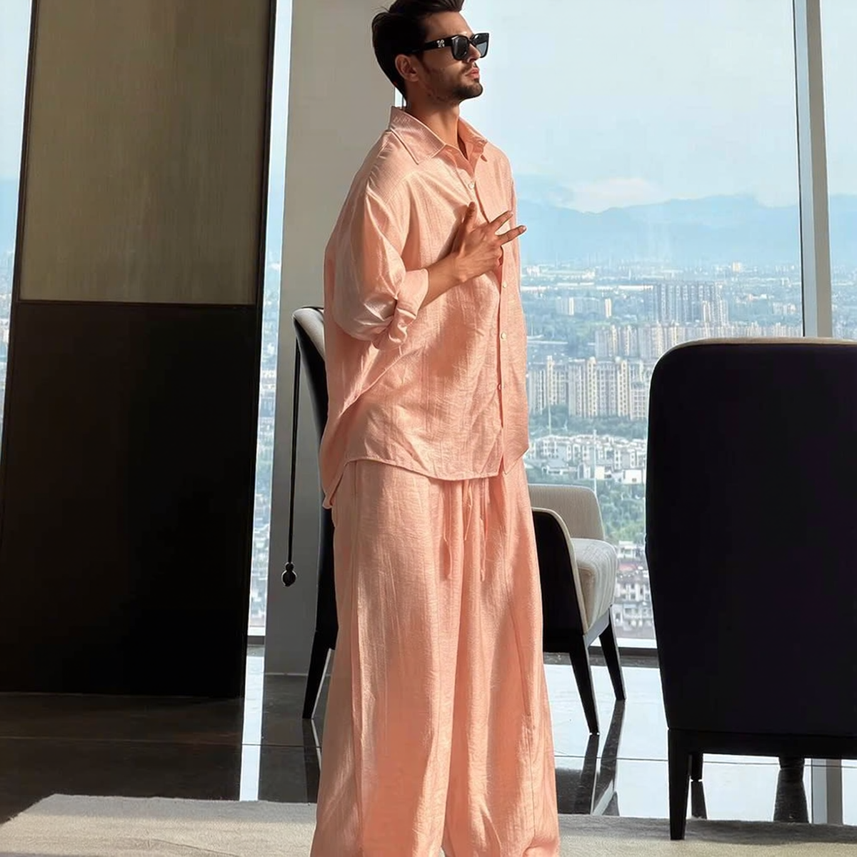 Cotton and Linen Long-Sleeved Shirt and Wide-Leg Pants Set