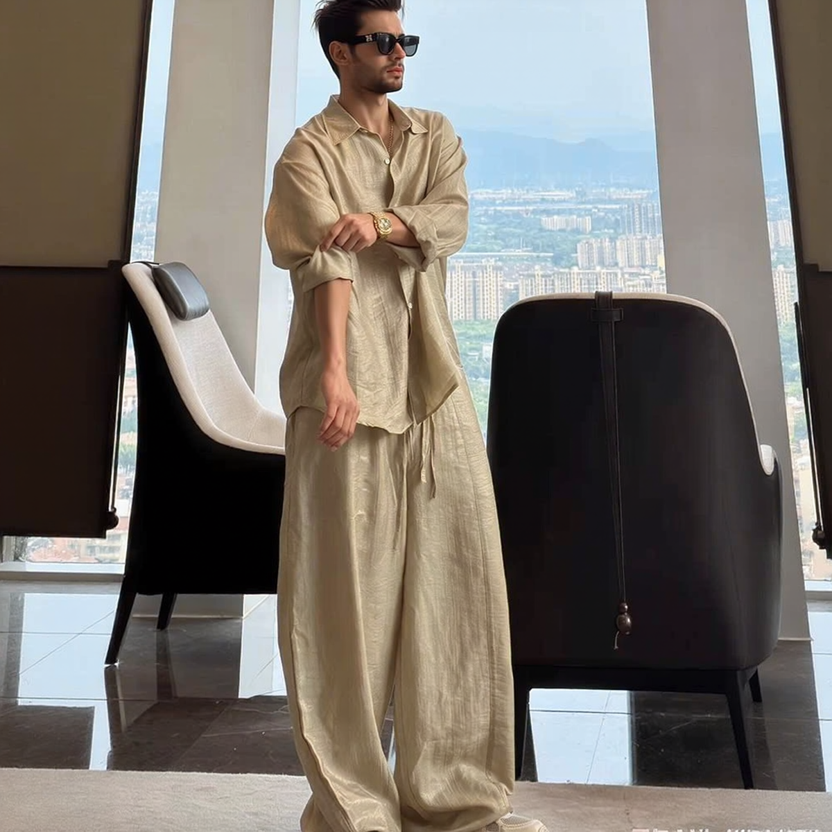 Cotton and Linen Long-Sleeved Shirt and Wide-Leg Pants Set