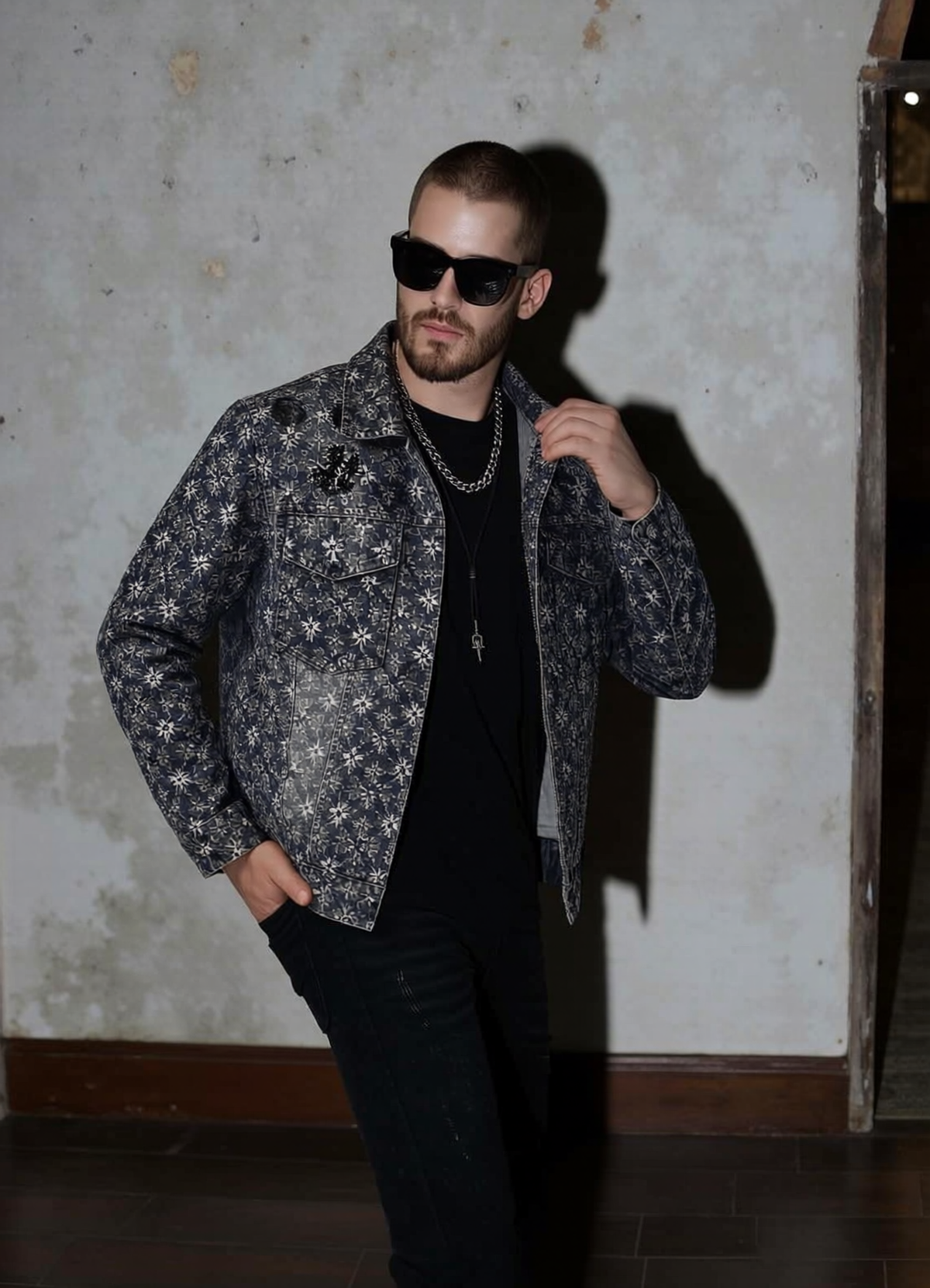 Men's Gothic Cross Floral Print Denim Jacket