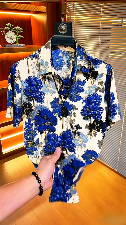 White Blue Black Landscape Print Shirt